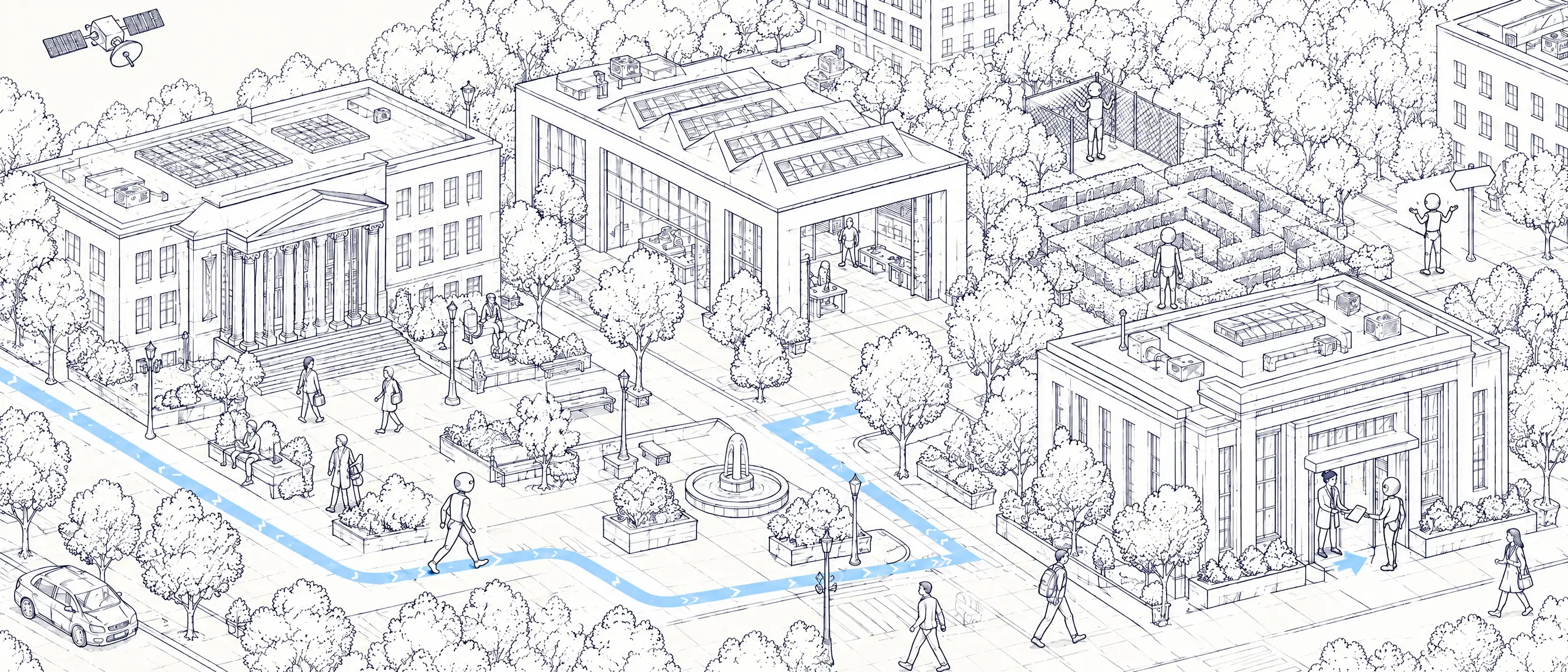 Ink drawing of a city made of your files and docs: a KnoSky satellite overhead, one AI agent walking a light-blue route straight to the right building for a receipt, while agents without a route are lost in a maze and dead ends